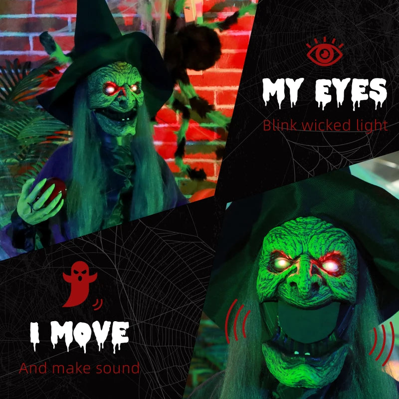 180 cm Life Size Animated Halloween Witch with Glowing LED Eyes - Spooky Battery Operated Standing Decoration