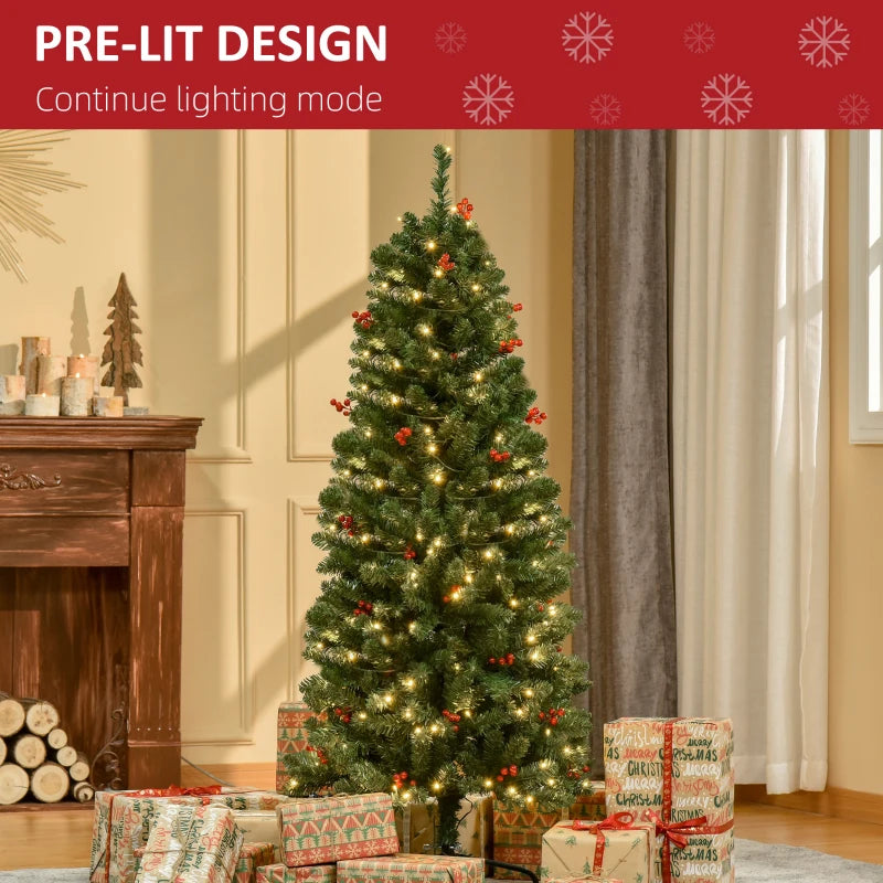 5FT Prelit Artificial Pencil Christmas Tree with Warm White LED Lights & Red Berries - Festive Holiday Home Decoration