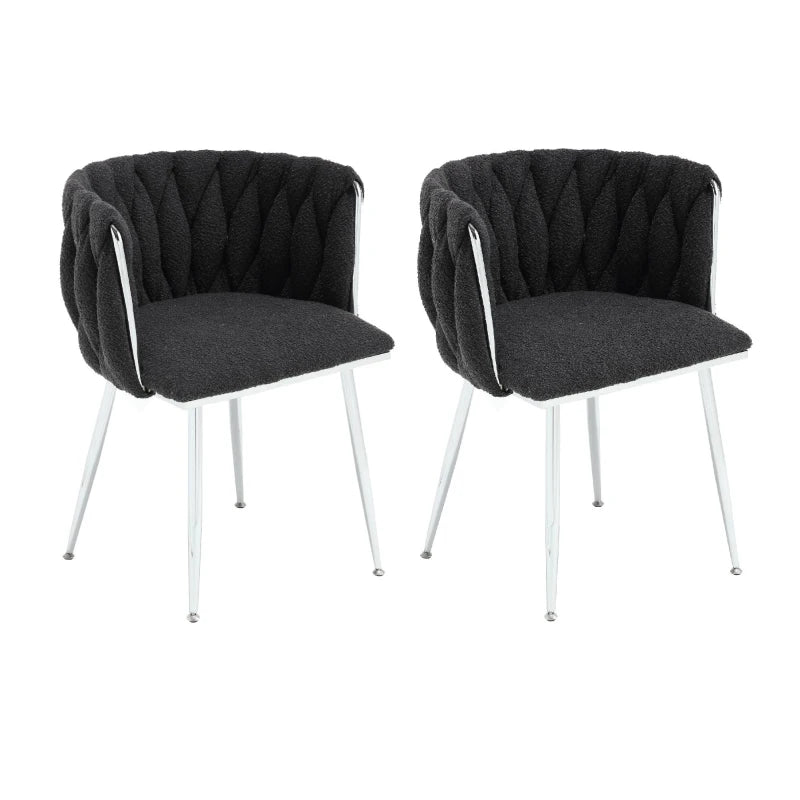 Set of 2 Modern Boucle Upholstered Dining Chairs with Silver Legs & Armrests - Stylish Living Room Seating, Black, 54x52x73 cm