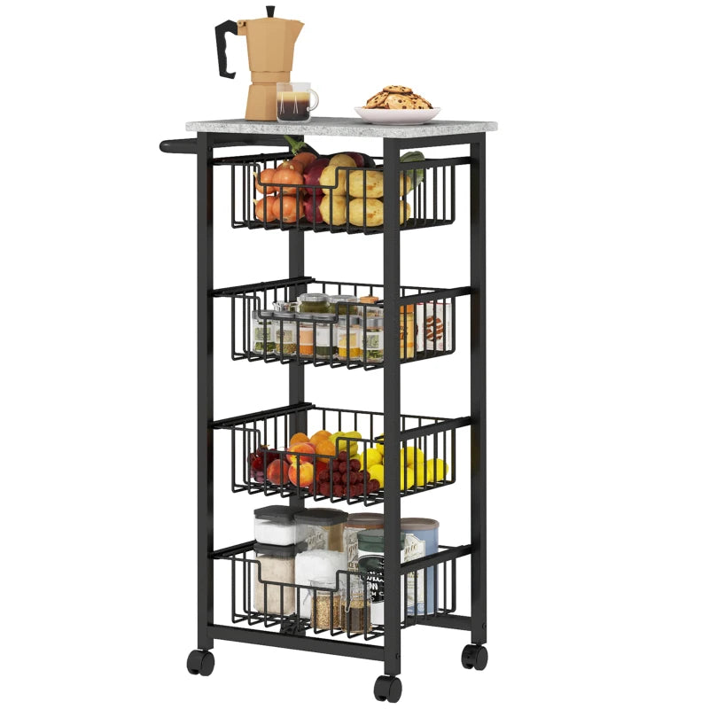 Stylish Grey/Black Four Basket Mobile Kitchen Island with Brakes - Perfect for Storage and Space-Saving Solutions