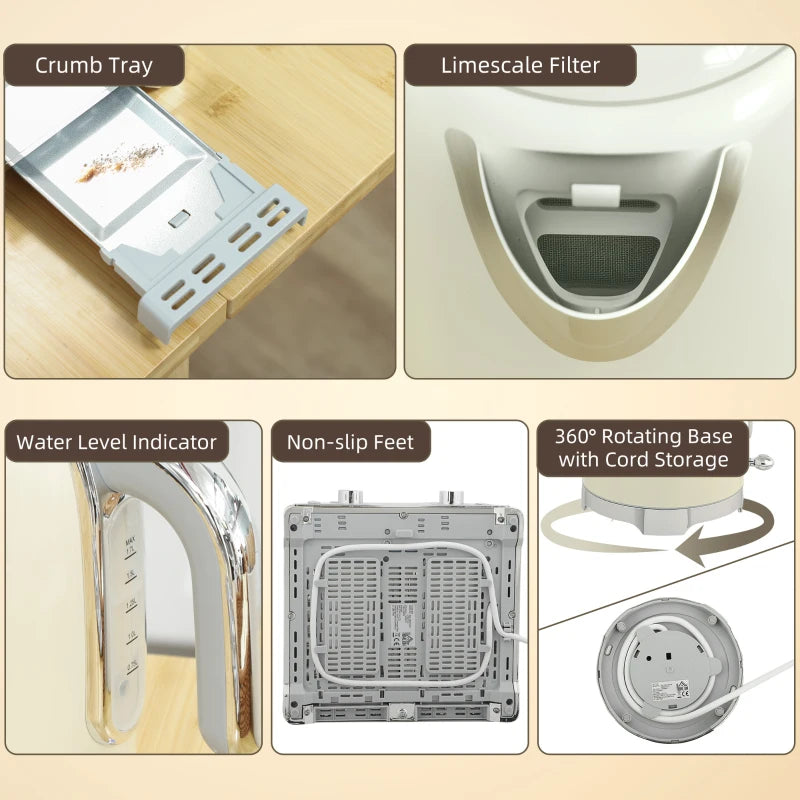 Retro 3000W Cream Kettle and Toaster Set - Stylish Kitchen Appliances for Perfect Breakfasts