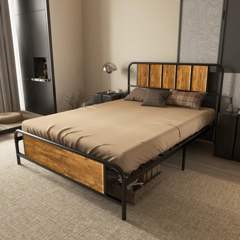 4.8ft Double Bed Frame with Industrial Wood Headboard & Steel Slat Support, 25.5cm Underbed Storage, Rustic Brown, 145x199cm