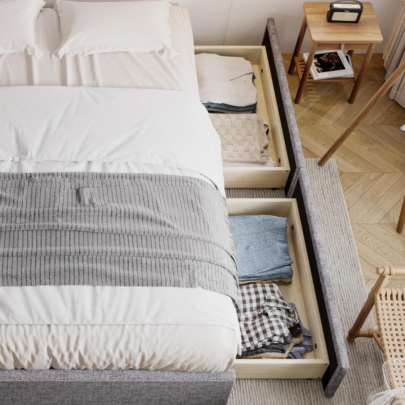 Upholstered Storage Bed with 4 Drawers - Double Bed with Iron Frame & Wooden Slats, Grey, 193.5 x 141 x 30 cm
