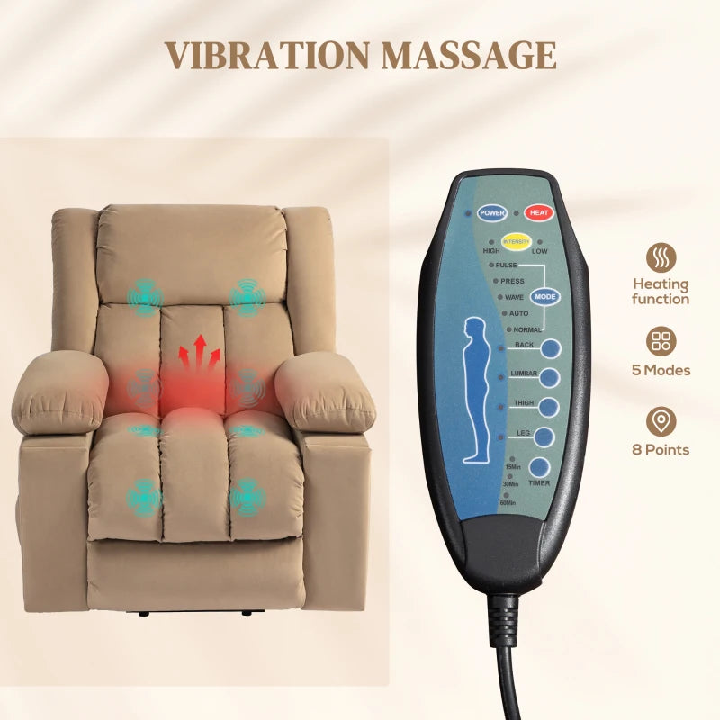 Velvet Electric Riser Recliner Armchair with Massage Function in Light Brown for Ultimate Comfort
