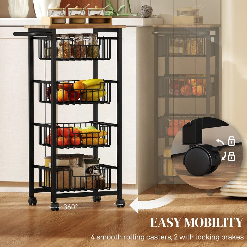 Stylish Four Basket Mobile Kitchen Island with Brakes - Oak and Black Finish for Easy Mobility and Storage