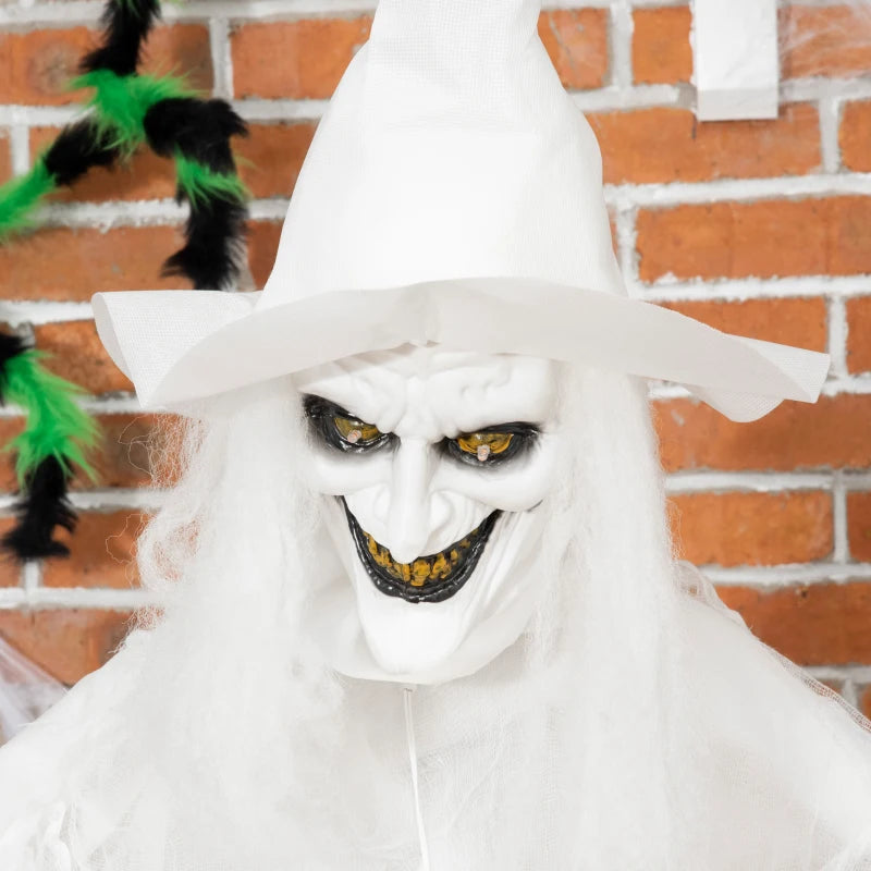 74" Halloween Decorations - Life Size White Witch Holding Pumpkin Head & Skeleton Ghost Prop with Light Up Eyes