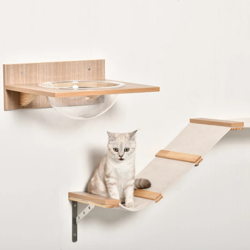 4PC Wall-Mounted Cat Climbing Shelf Set - Cat Tree Activity Center with Hammock & Scratching Post - Brown