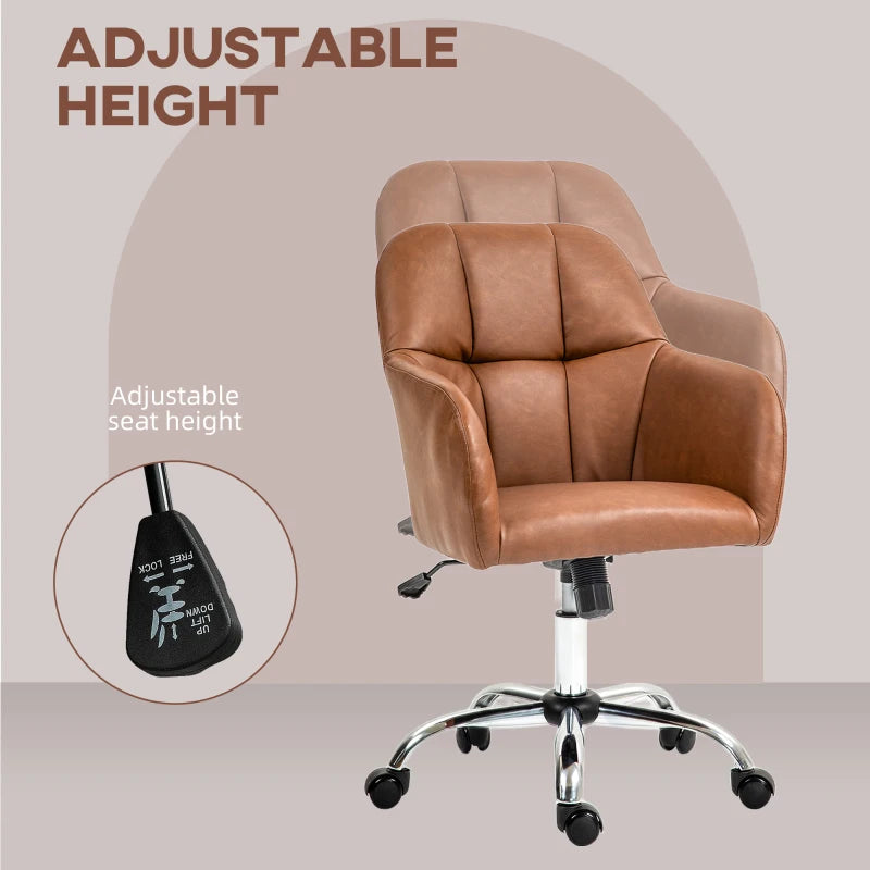 Stylish Brown Faux Leather Tub Office Chair with Wheels - Comfortable Ergonomic Design for Home or Office Use