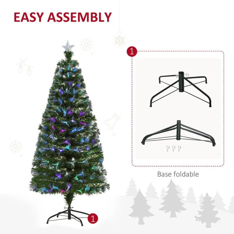 5FT Multicoloured Artificial Christmas Tree with Fibre Optic Lights, Pre-Lit Modes, Metal Stand & Star Holder - Festive Home Decoration