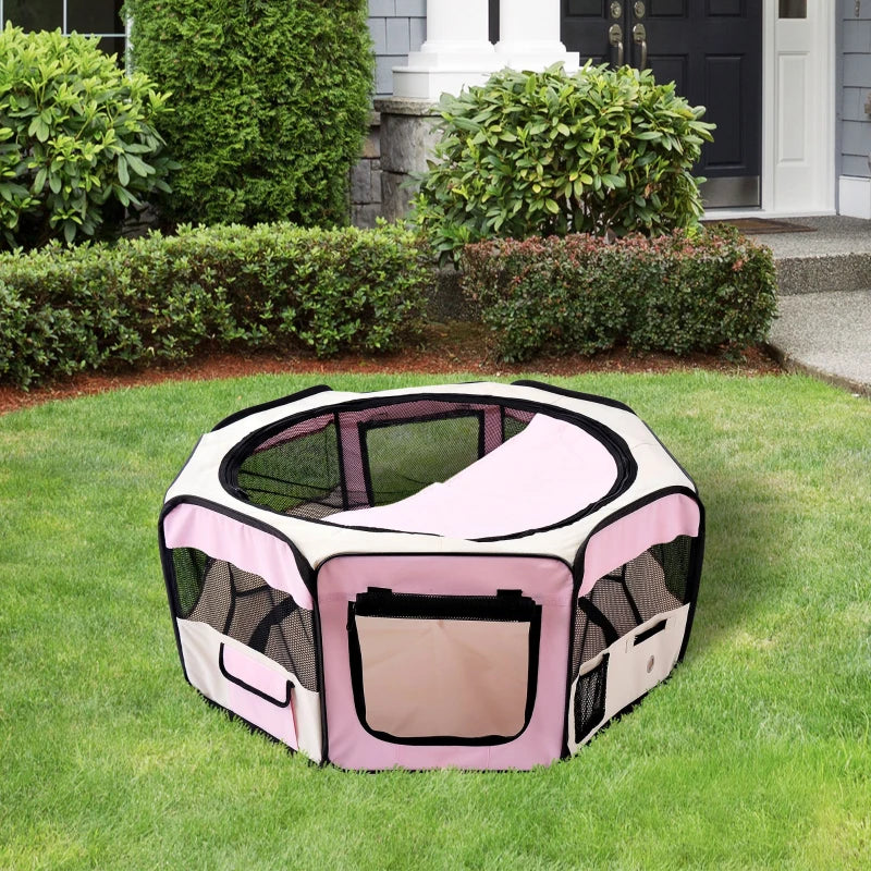 Portable Cat Dog Playpen - Indoor Outdoor Pet Pen for Puppies, Rabbits & Guinea Pigs - 90cm Dia x 41cm H - Pink