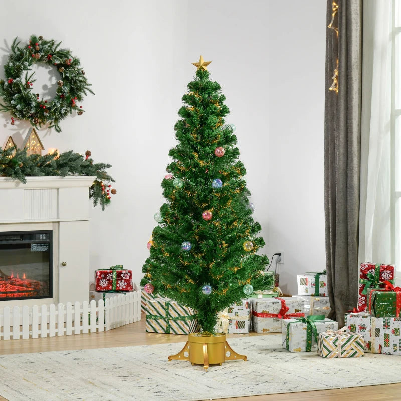 5FT Prelit Artificial Christmas Tree with Fiber Optics & Baubles - Festive Green Holiday Decor in Golden Pot