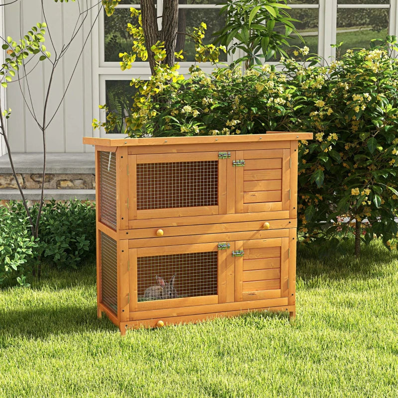 Double Tier Wooden Rabbit Hutch - Large 2-Tier Home for Rabbits & Guinea Pigs - Pet Lovers Choice, Natural Design