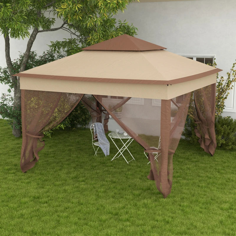 Khaki Double-Roof Pop Up Gazebo with Netting and Carry Bag