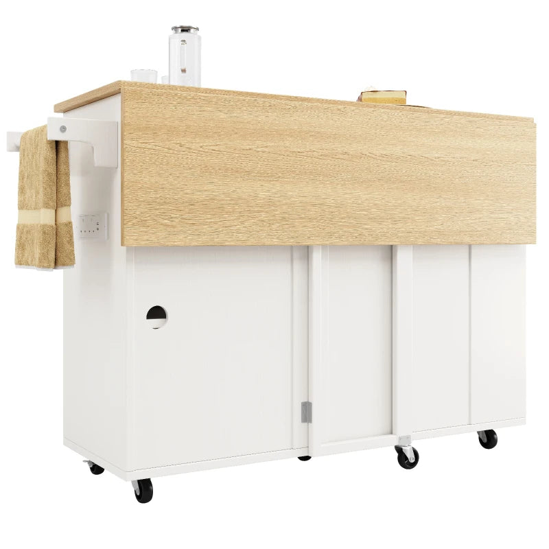 Space-Saving Kitchen Island Trolley with Power Strip, Folding Design & Wine Rack - White & Natural, 131.5L x 76W x 91H cm