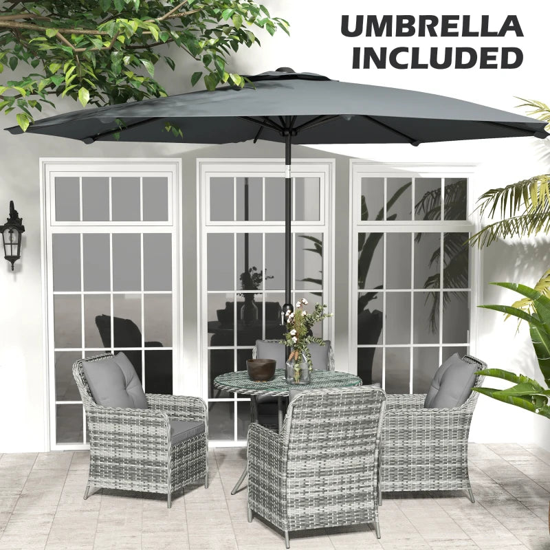 4 Seater Rattan Garden Dining Set with Umbrella and Cushions - Grey