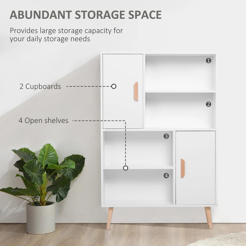 Modern White Sideboard Bookshelf - Free Standing Bookcase with Adjustable Shelves, Wooden Legs & Two Doors for Stylish Storage