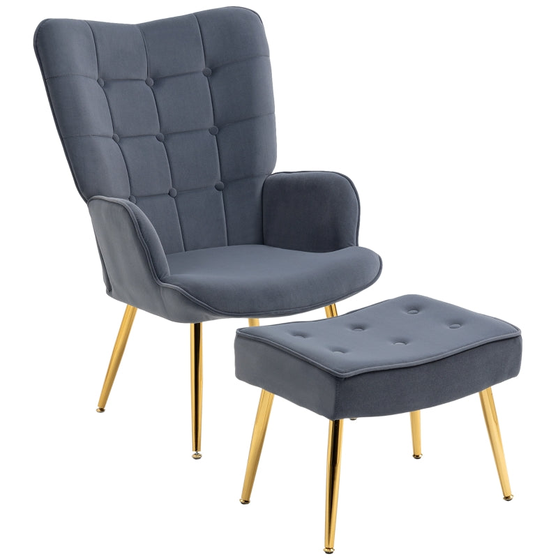 Stylish Velvet Wingback Armchair with Footstool for Living Room, Bedroom or Home Office in Dark Grey