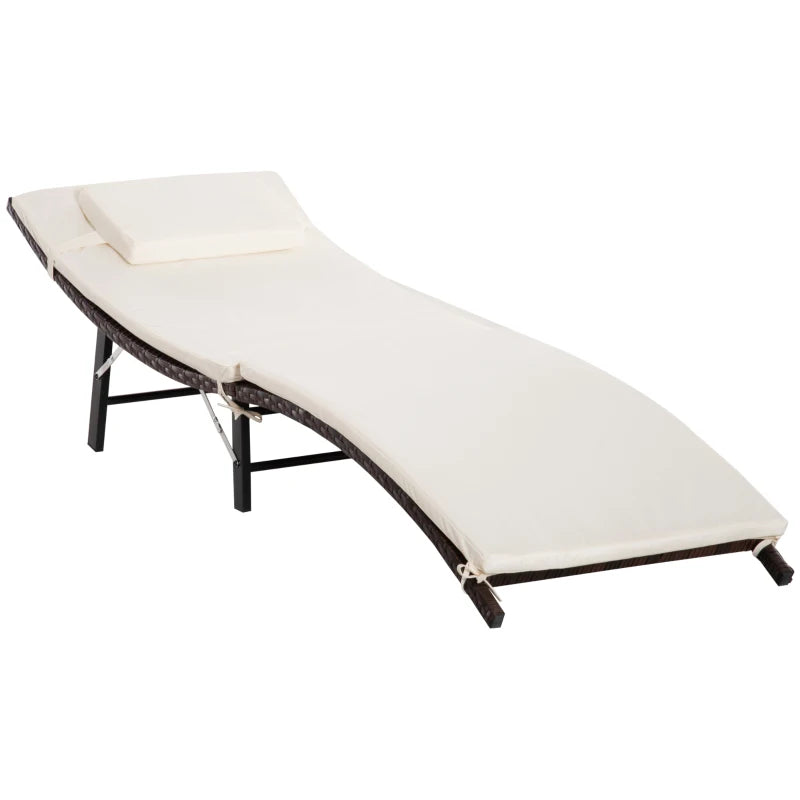 Cream White Rattan Folding Sun Lounger with Cushion and Pillow
