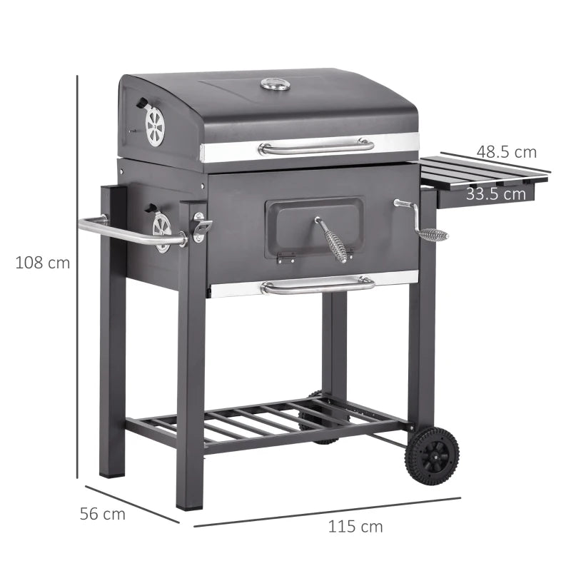 Charcoal BBQ Grill with Adjustable Grate, Smoker, Shelf, Wheels - Black