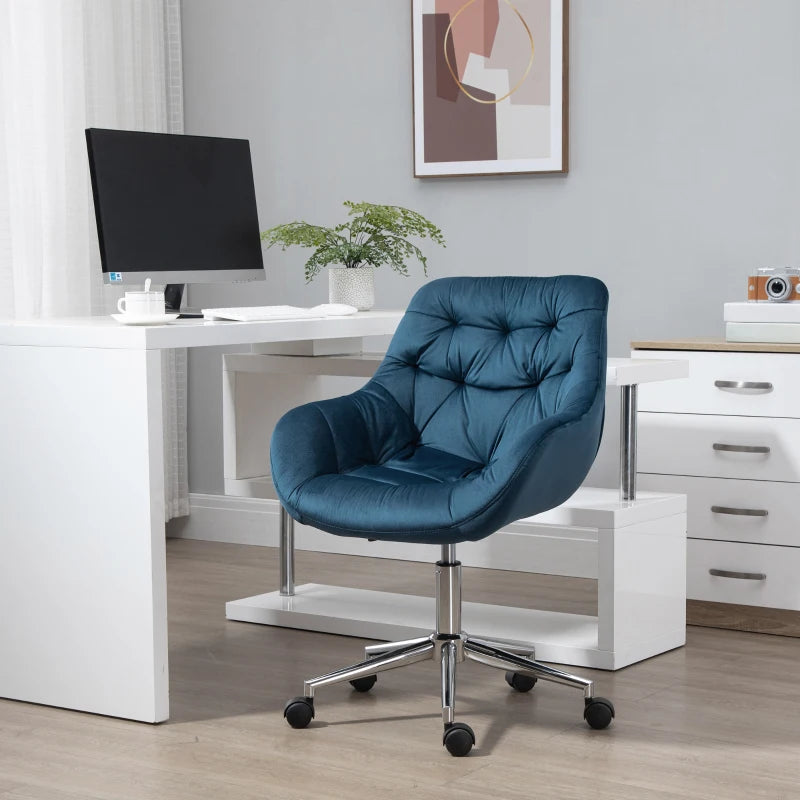 Vinsetto Blue Velvet Ergonomic Home Office Chair - Adjustable Height, Arm & Back Support, Comfy Desk Chair for Work