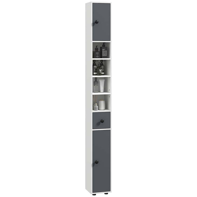 180cm Slim Bathroom Cabinet with Drawer Shelves and Cupboards in Grey