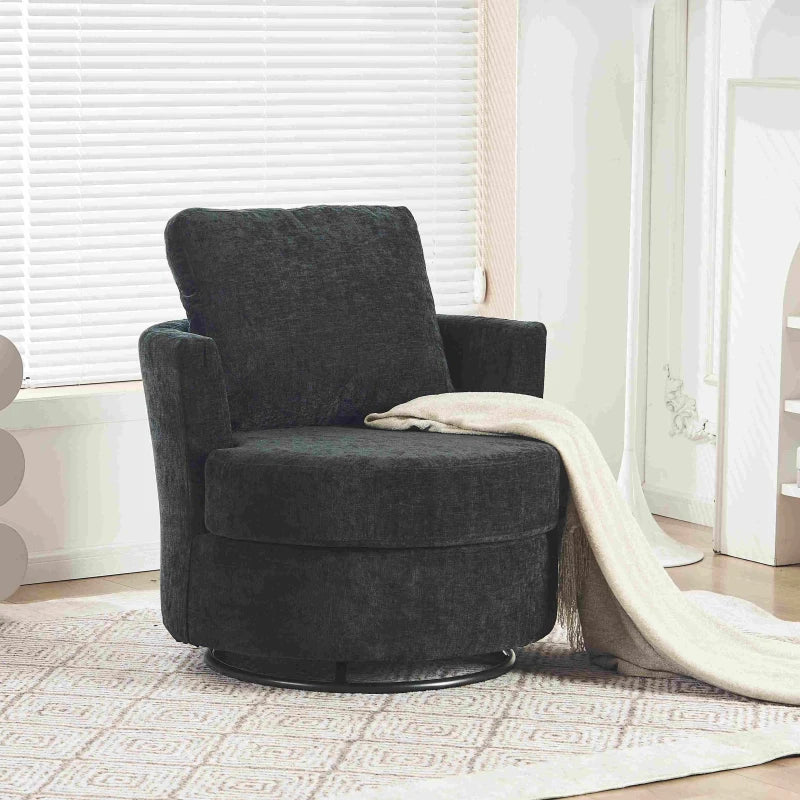 Dark Grey Chenille Swivel Recliner with Back Cushion and Thick Foam Pad, Adjustable Faux Leather, 360° Swivel