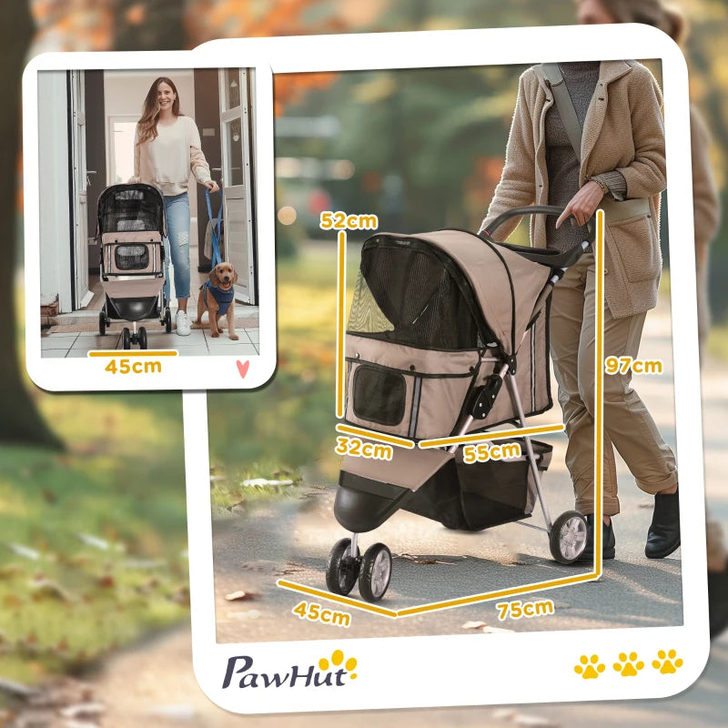 3 Wheel Pet Stroller for Small & Miniature Dogs - Brown Lightweight Dog Carrier with Canopy & Storage