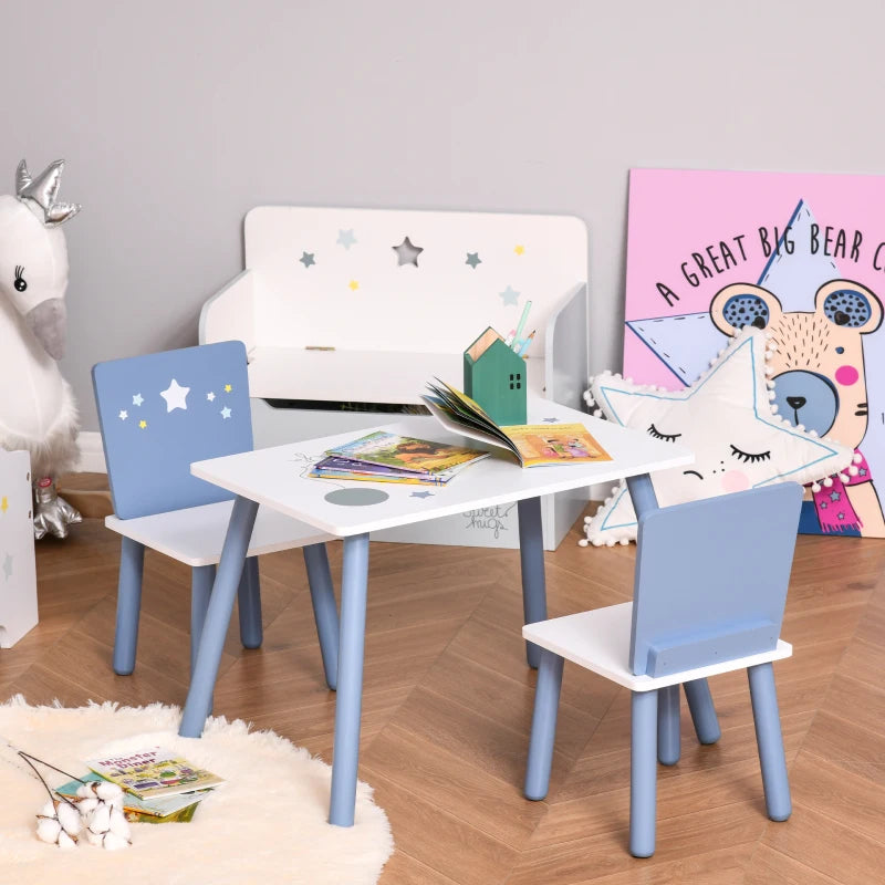 3 Pcs Kids Table & Chairs Set - Safe Corners, Wood Legs, Cute Stars - Mini Furniture for Playroom & Bedroom - Blue