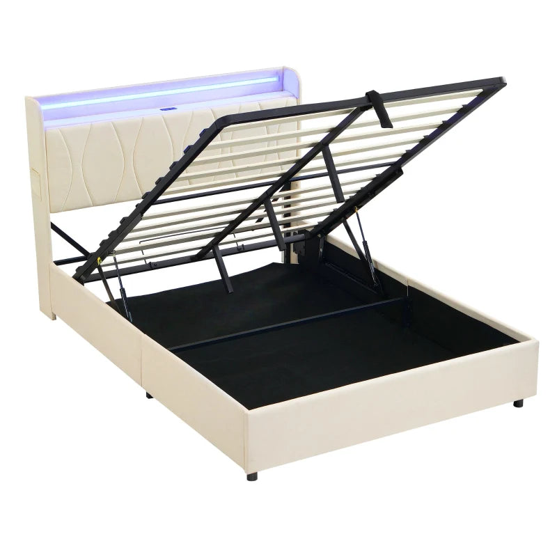 Double Upholstered Bed with LED Headboard & USB Ports - Hydraulic Storage Bed, Beige, 207x136x105 cm - Modern Charging Station