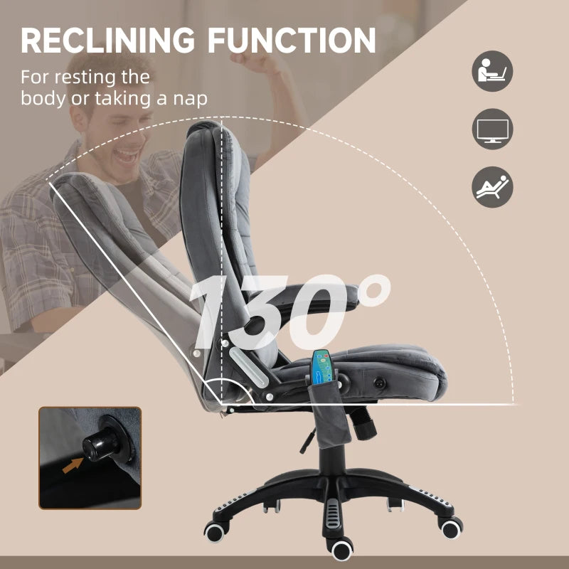 Vinsetto Heated Massage Recliner Chair - 6 Massage Points, Velvet Fabric, 360° Swivel, Grey Office Chair for Ultimate Comfort