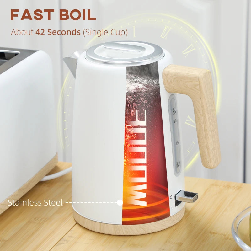 Stainless Steel Kettle & Toaster Set - 1.7L Fast Boil Kettle 3000W & 2 Slice Toaster with 7 Browning Levels, White