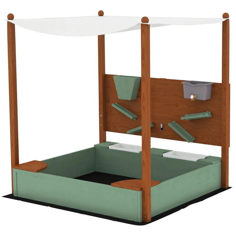 Wooden Sandpit with Canopy and Storage Bins for Kids Outdoor Play 116x112.5x128 cm Green