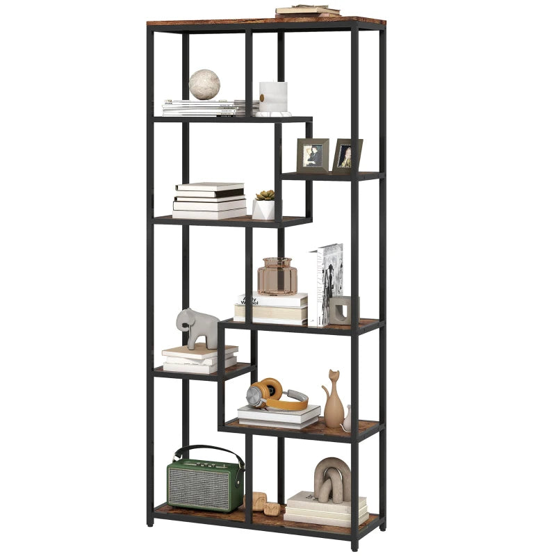 Unique Seven-Tier Geometric Bookcase in Brown and Black - Stylish Storage Solution for Home or Office