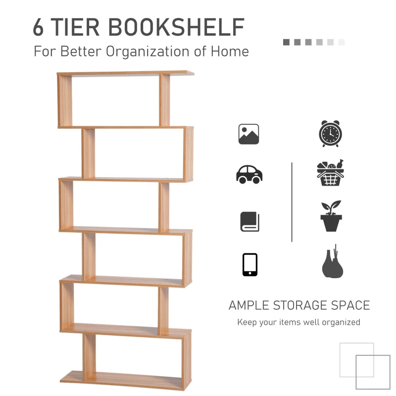 Unique 6-Tier S-Shaped Bookcase - Stylish Storage & Display Shelf for Living Room, Bedroom, Home Office, Plants - Maple Finish