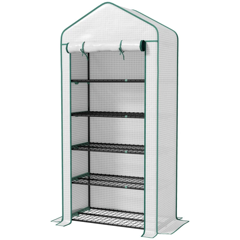 Portable White 5 Tier Mini Greenhouse with Roll-up Door, 193H x 90W x 49Dcm