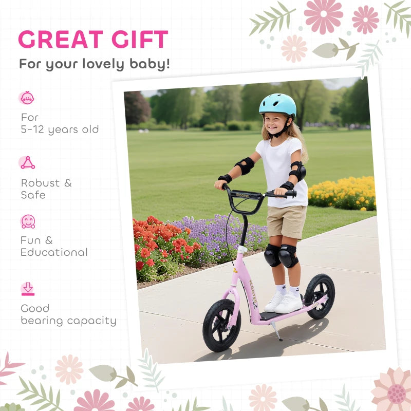 Pink Kids Kick Scooter with 12" EVA Tyres, Big Wheels & Rear Brake - Perfect for Ages 5-12