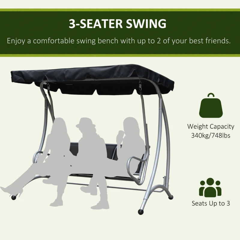 Black 3-Person Steel Outdoor Swing Bench with Canopy