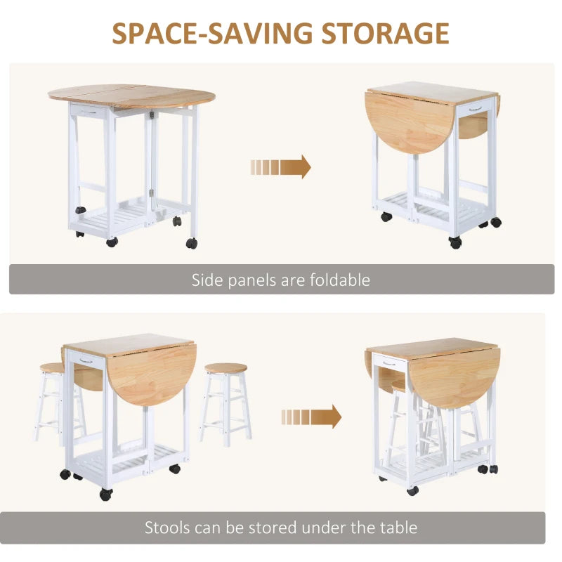 3 Piece Mobile Foldable Dining Room Set with Storage Shelf and Drawers for Home Kitchen Pub White