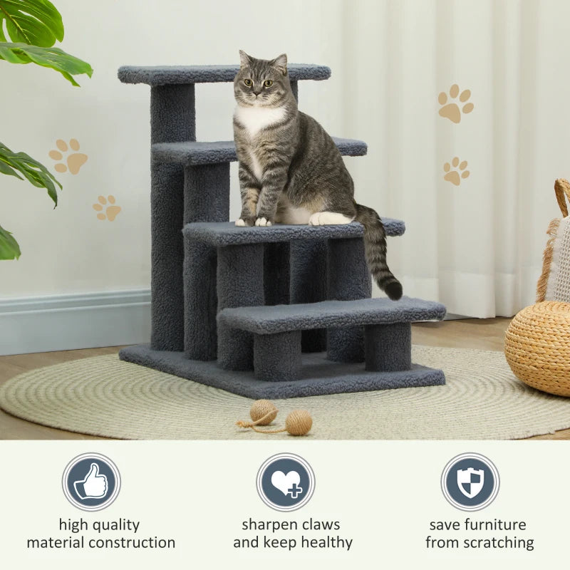 4-Step Dog Stairs for Bed & Sofa - Pet Climb Ladder, Grey, 63x43x60 cm - Ideal for Dogs & Cats