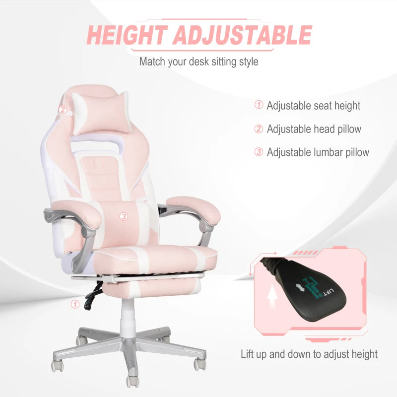 Faux Leather Pink/White Reclining Gaming Chair with Footrest - Ergonomic Comfort for Gamers