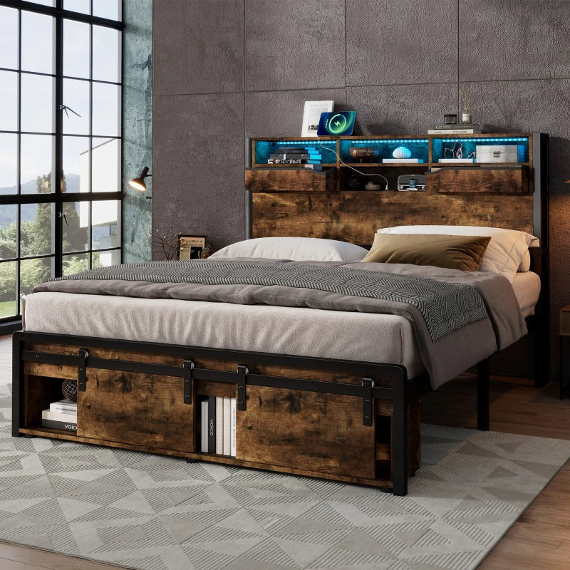 Metal Double Bed with LED Lights & Charging Ports, Storage Base, 209x137.5x114.5 cm, Black & Natural Finish
