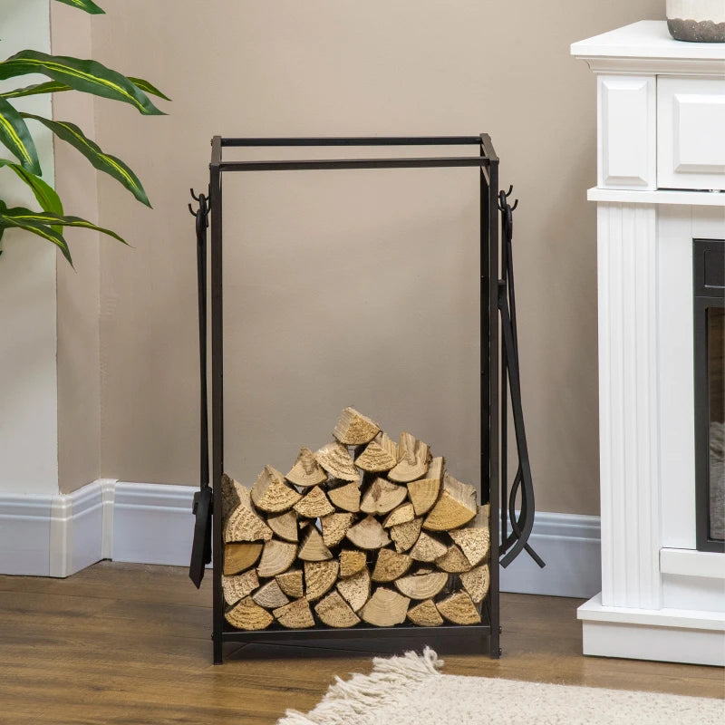 Steel Firewood Log Holder Rack with Tools - Indoor Outdoor Fireplace Wood Storage, Rust-Resistant, Tree Pattern, 46W x 30D x 70H cm