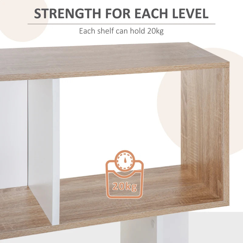 S-Shaped Wooden Bookcase - 5/6 Tier Freestanding Oak & White Bookshelf for Home Office Storage & Display, 24D x 60W x 184.5H