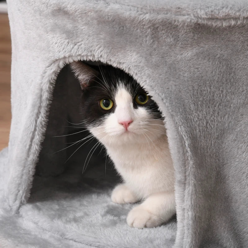Multi-Level Cat Tree for Indoor Cats - Plush Kitten Tower with Scratching Post, Condo, and Hanging Ropes - Grey Pet Furniture