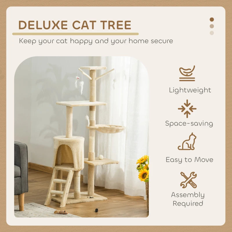 Beige Multi-Level Cat Tree with Scratching Post, Ladder & Cozy Cat House - Perfect for Play & Relaxation