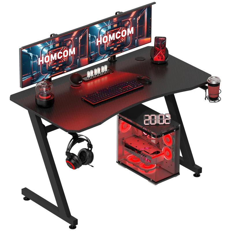 Gaming Desk 120x65 cm - Steel Frame, Cup Holder, Headphone Hook, Adjustable Feet, Cable Organizer - Black Home Office Table