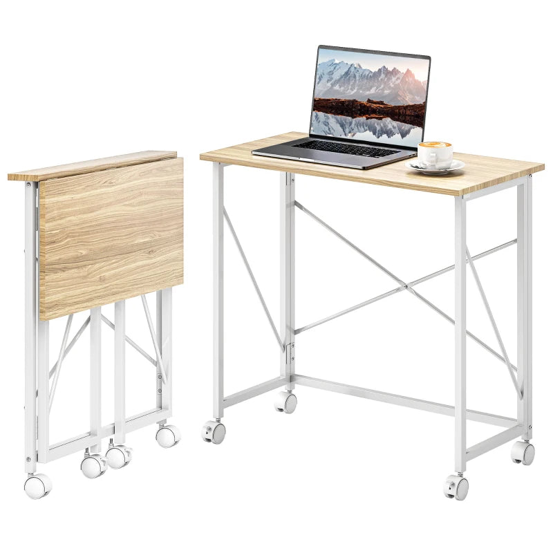 80 cm Folding Desk on Wheels - Natural Tone, Space-Saving Portable Workstation for Home Office, Study, and Crafting