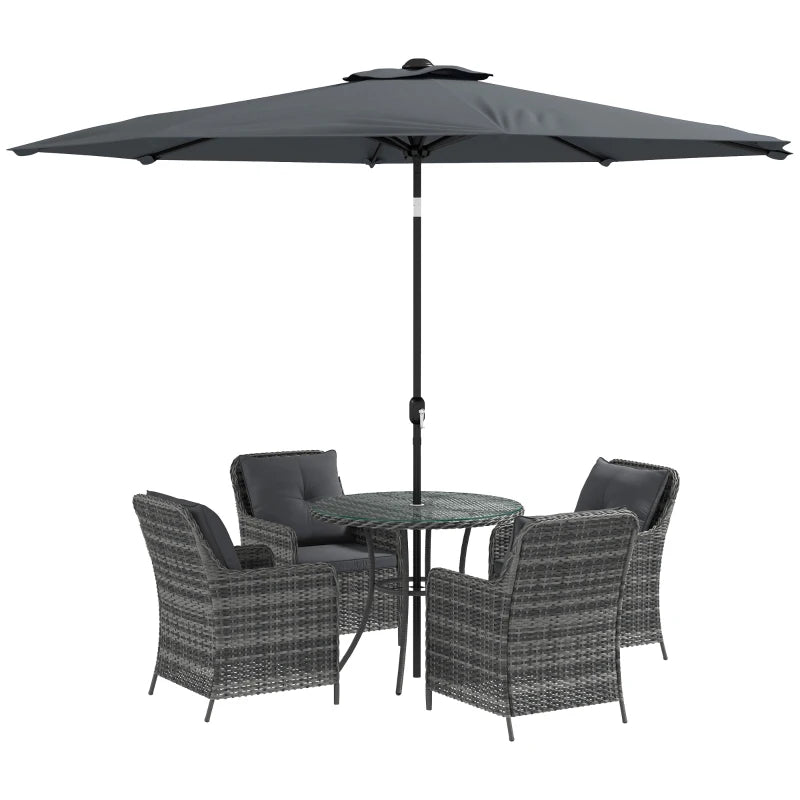 4 Seater Rattan Garden Dining Set with Umbrella and Cushions - Grey