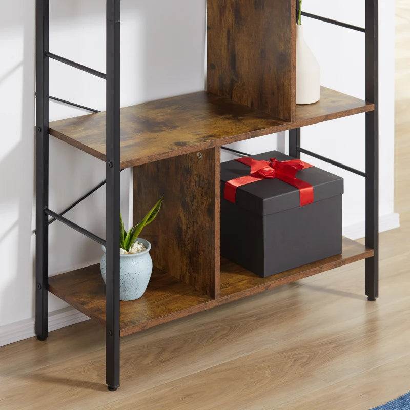 Industrial 5-Tier Storage Unit Bookcase with Open Compartments - Rustic Brown & Black for Office, Living Room, Bedroom