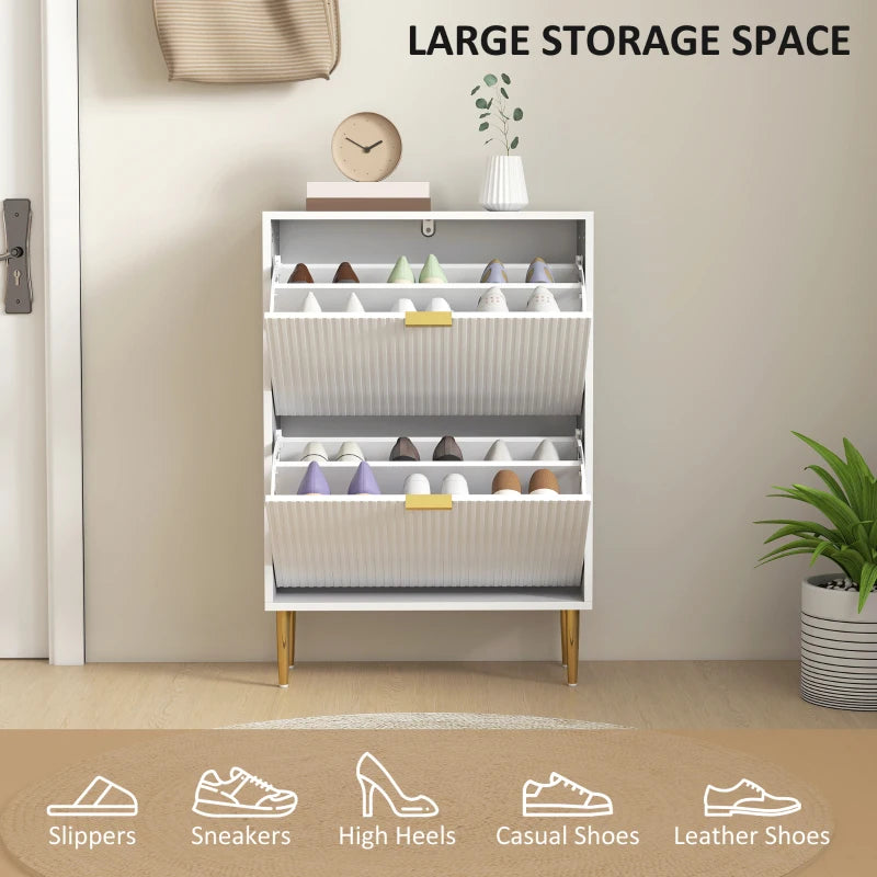 Narrow White Shoe Cabinet with 2 Flip Drawers for Space Saving Storage